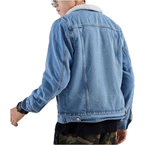 Mens Denim Jacket Sherpa Lined Jean Trucker Jacket Winter Coat Thick Warm - Picture 3 of 7